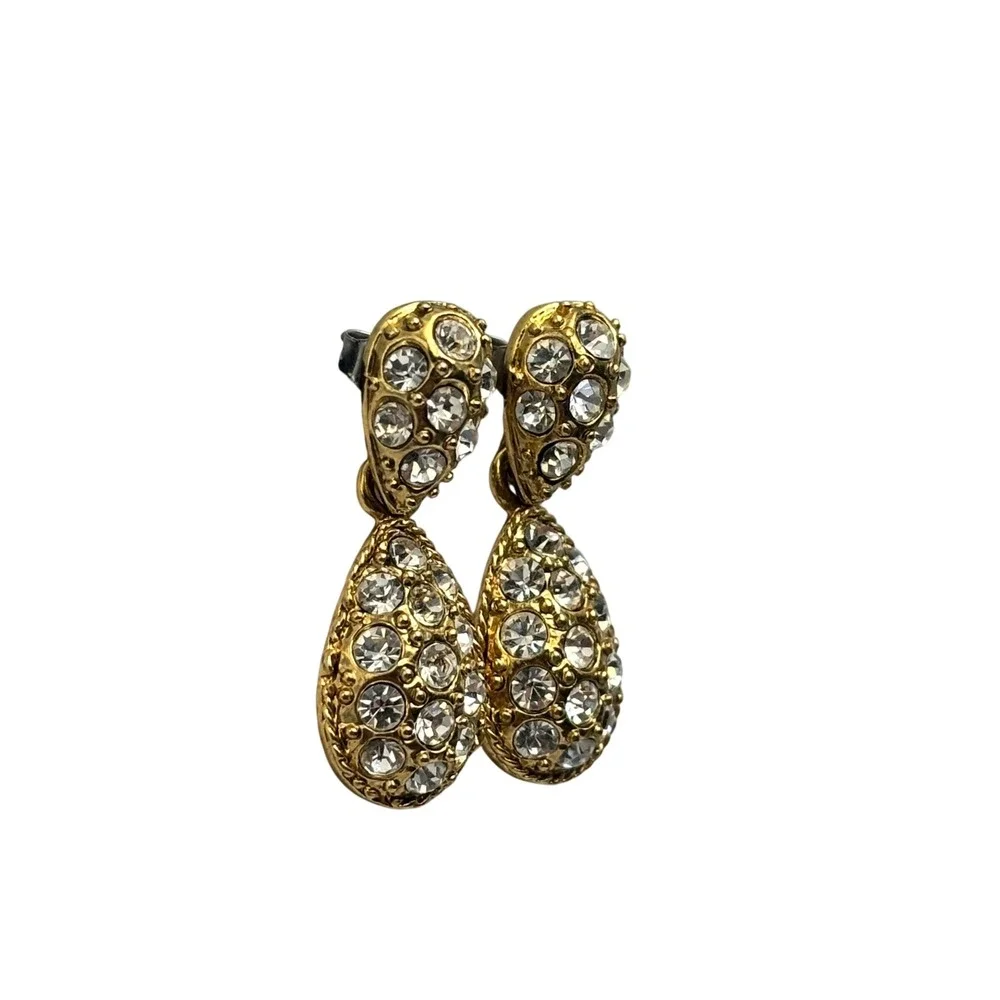 Vintage 80s Gold Pavé Rhinestone Teardrop Drop Dangle‎ Earrings Sparkly